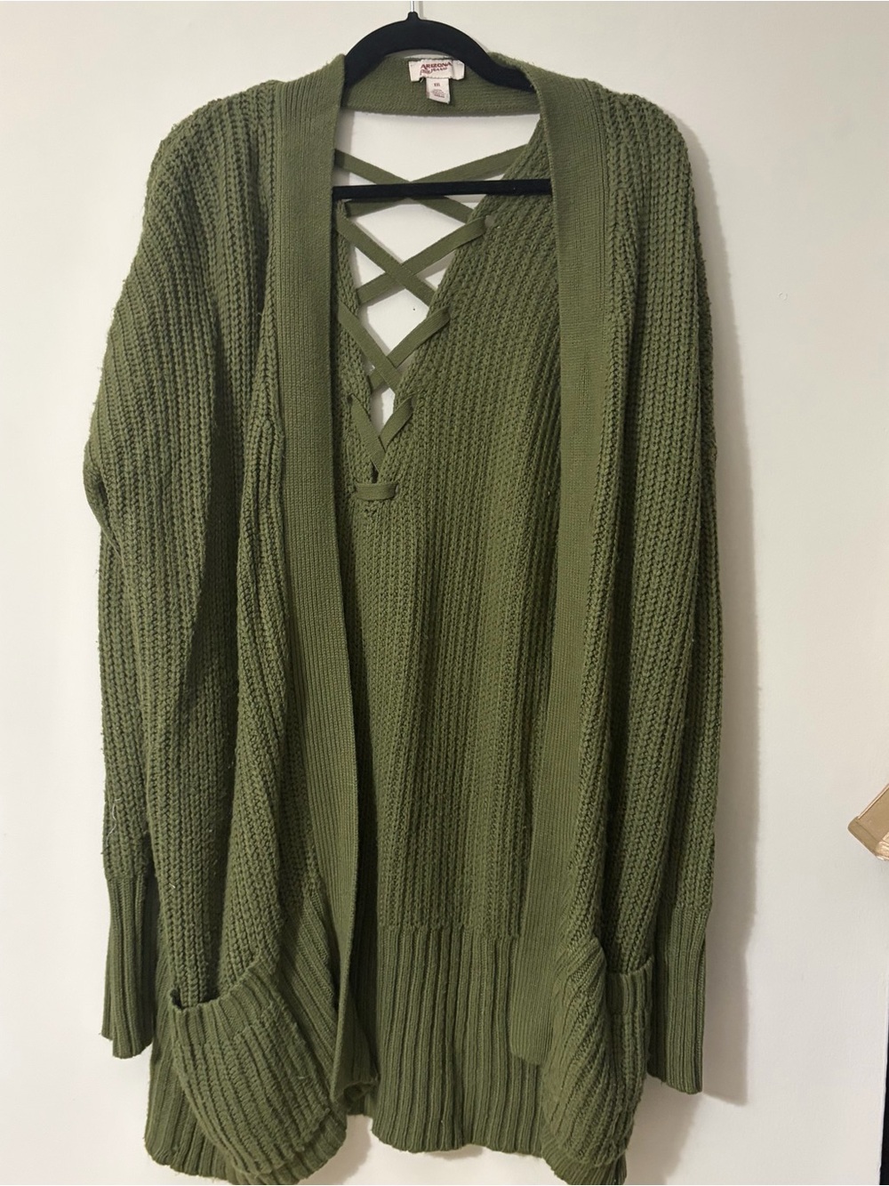 Arizona Jean Company Olive Green Knit Cardigan with Lace-Up V-Neck